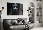 Color Stream glass wall art styled above a velvet bench in a salon