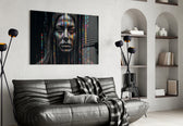 Color Stream glass wall art styled above a velvet bench in a salon