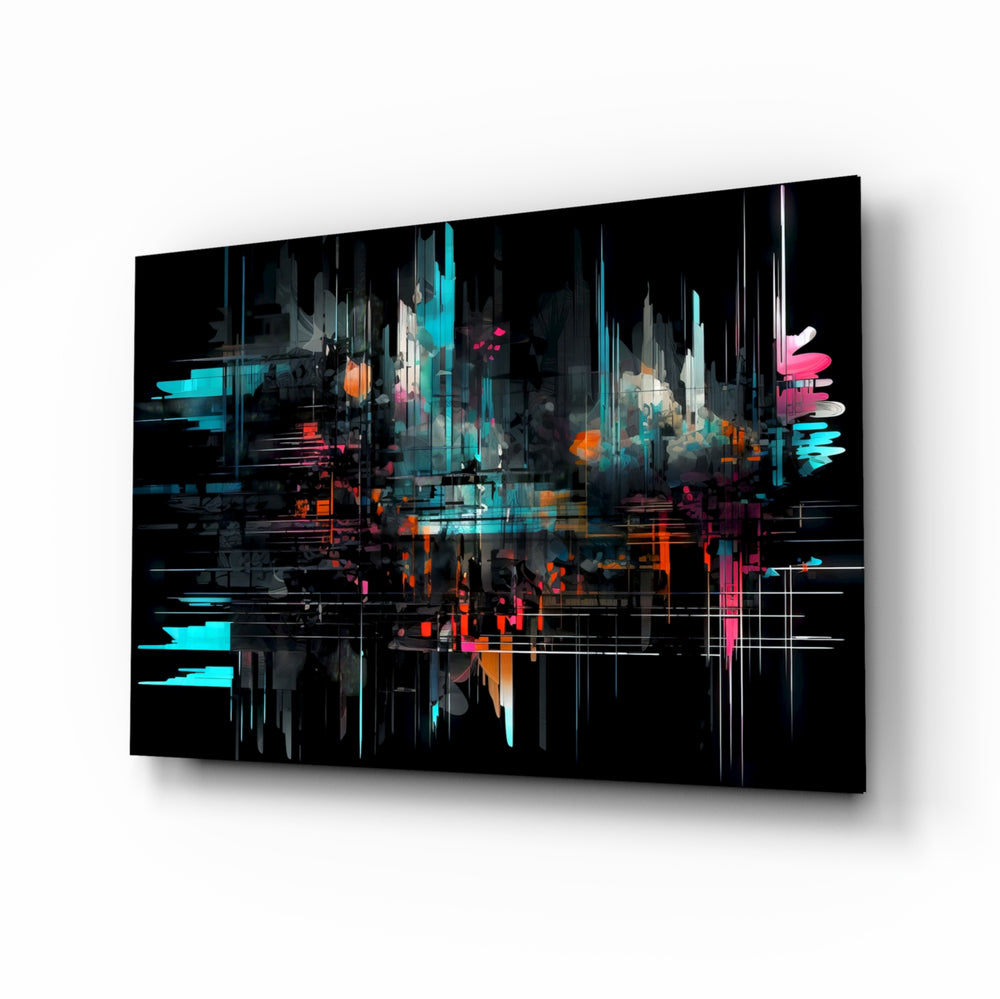 Color Sticks glass wall art displayed above a desk in a contemporary home office