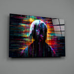 Glitch-stick-portrait panel bringing painterly pulse to a moody media room