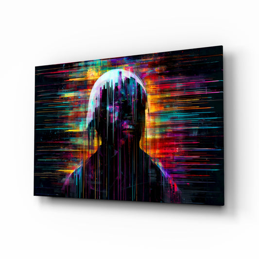 Shadow of Color Sticks glass wall art displayed above a leather chesterfield in a contemporary study