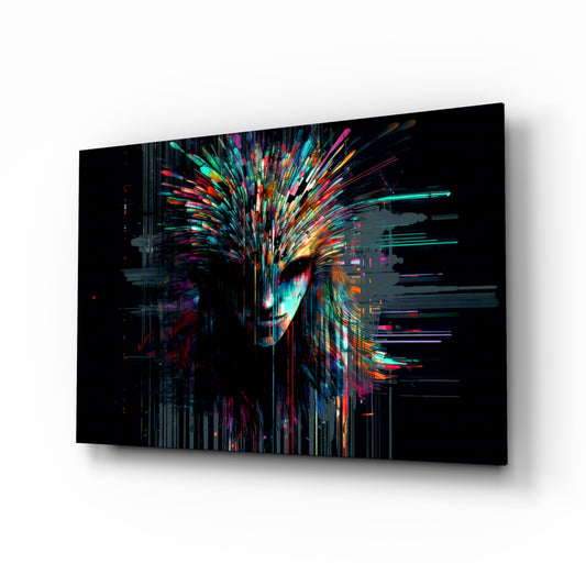 Face of Color Sticks glass wall art displayed above a velvet bench in a contemporary salon