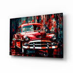 Vintage American Car glass wall art displayed above a leather sofa in a moody man cave