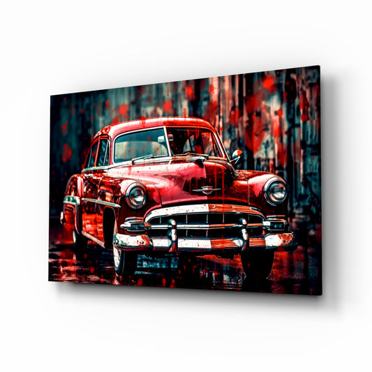 Vintage American Car glass wall art displayed above a leather sofa in a moody man cave