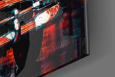 Chrome-muse artwork anchoring a wall with crimson-and-teal palette