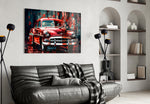 Vintage American Car glass wall art styled above a sideboard in a garage office