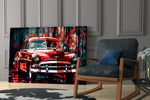Vintage American Car glass print enhancing a den with retro-modern palette