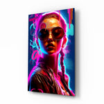 Stylish Woman glass wall art displayed above a velvet bench in a contemporary salon