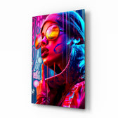 Stylish Woman glass wall art displayed above a velvet bench in a contemporary salon