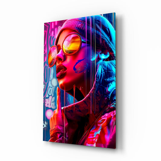 Stylish Woman glass wall art displayed above a velvet bench in a contemporary salon