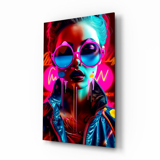 Stylish Woman glass wall art displayed above a velvet bench in a contemporary salon