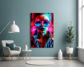 Stylish Woman glass wall art styled above a sideboard in a media room