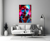 Stylish Woman close-up showing pink sunglasses and orange-magenta drips