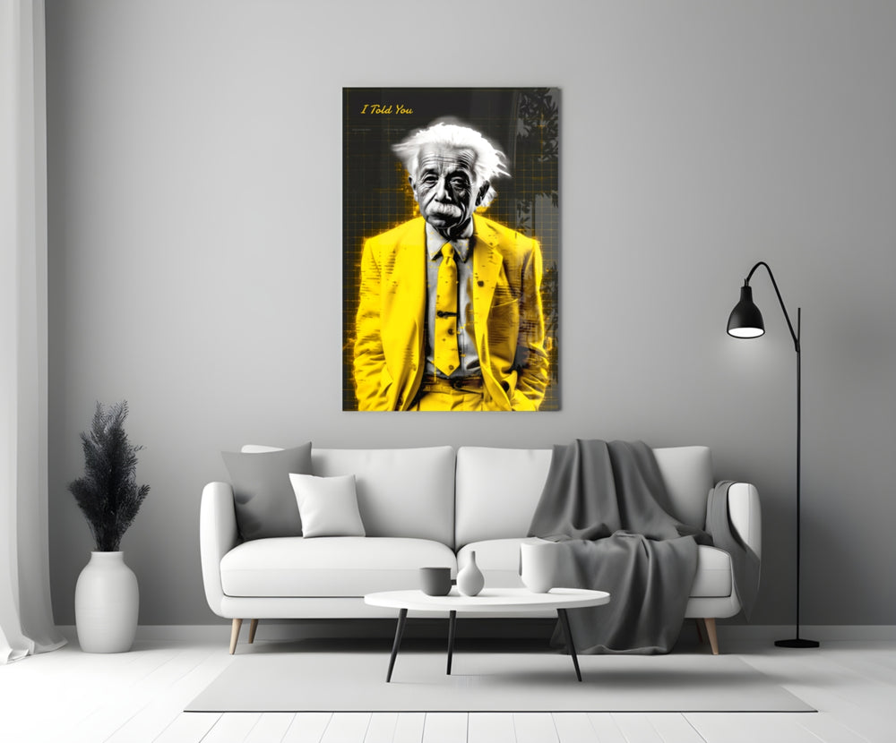I Told You Einstein close-up showing canary suit and yellow script