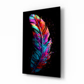 Feather glass wall art displayed above a sectional in a colorful living room