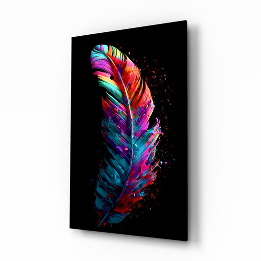 Feather glass wall art displayed above a sectional in a colorful living room