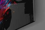 Plumed-muse artwork anchoring a wall with cyan-and-magenta palette