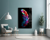 Feather glass wall art styled above a leather chesterfield in a study