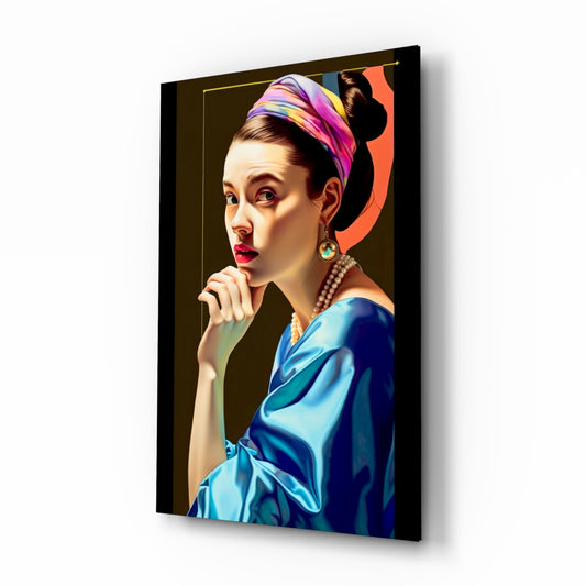 Girl With A Pearl Earring glass wall art displayed above a velvet bench in a contemporary salon