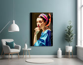 Girl With A Pearl Earring glass wall art styled above a leather chesterfield in a study