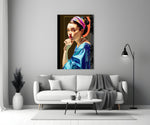 Girl With A Pearl Earring close-up showing magenta-saffron turban and pearl earring