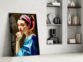 Girl With A Pearl Earring glass print enhancing a powder room with statement palette