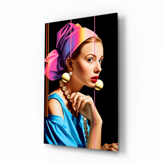 Girl With A Pearl Earring glass wall art displayed above a velvet bench in a contemporary salon