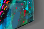 Winged-muse artwork anchoring a wall with scarlet-and-teal palette