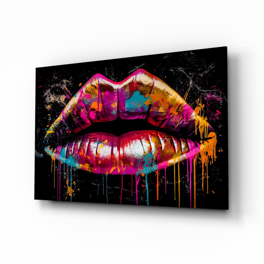 Lips glass wall art displayed above a vanity in a contemporary dressing room
