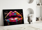 Lips close-up showing magenta-and-amber lip splatter
