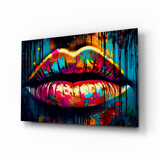 Lips glass wall art displayed above a vanity in a contemporary dressing room