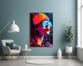 Lips and Looks glass wall art styled above a sideboard in a media room