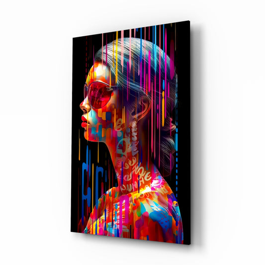 Beauty in Colors glass wall art displayed above a velvet bench in a contemporary salon