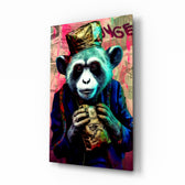 Monkey the Worker glass wall art displayed above a leather sofa in a moody man cave
