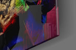 Roguish-muse artwork anchoring a wall with sapphire-and-magenta palette