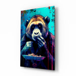 Hungry Monkey glass wall art displayed above a buffet in a contemporary kitchen
