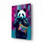 Shopper Panda glass wall art displayed above a desk in a teen bedroom
