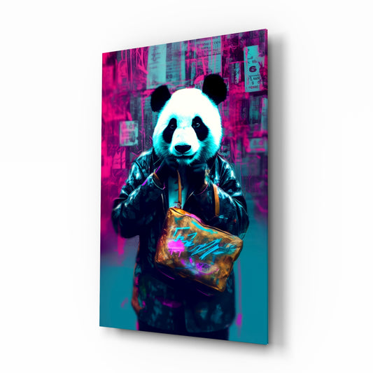 Shopper Panda glass wall art displayed above a desk in a teen bedroom