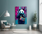 Shopper Panda glass wall art styled above a velvet bench in a salon