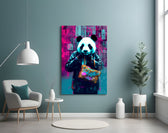 Shopper Panda glass wall art styled above a velvet bench in a salon