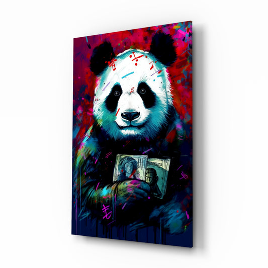 Bibliophile Panda glass wall art displayed above a leather chesterfield in a contemporary study