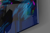 Reader-muse artwork anchoring a wall with crimson-and-cyan palette