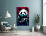Bibliophile Panda glass wall art styled above a desk in a teen bedroom