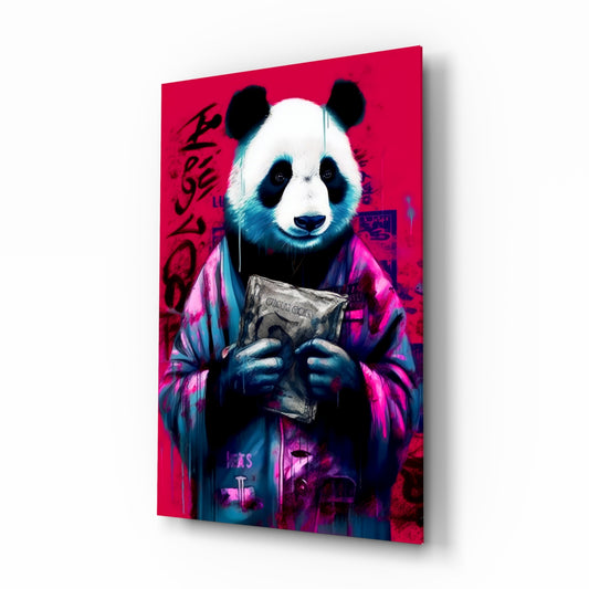 Panda glass wall art displayed above a desk in a contemporary home office
