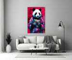 Panda close-up showing magenta-cyan drip and scarlet graffiti wall
