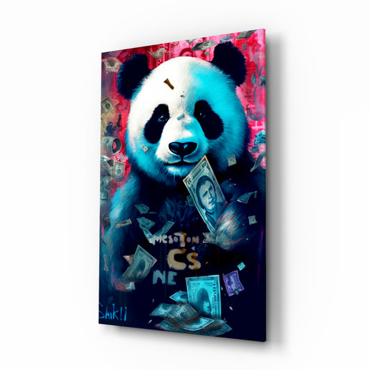 Rich Panda glass wall art displayed above a desk in a contemporary home office