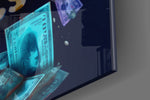Windfall-muse artwork anchoring a wall with cyan-and-scarlet palette