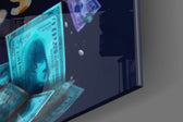 Windfall-muse artwork anchoring a wall with cyan-and-scarlet palette