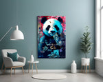 Rich Panda glass wall art styled above a sideboard in a media room