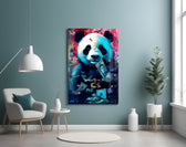 Rich Panda glass wall art styled above a sideboard in a media room